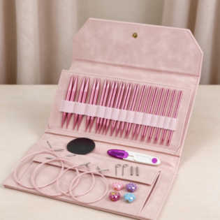 Circular Knitting Needle Set in a Pink Faux-Leather Case – Assorted Metal Knitting Needles for Yarn Crafting