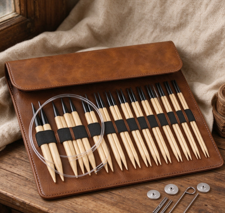 Interchangeable Bamboo Knitting Needle Set in a Vintage-Style Brown Faux Leather Case – Comprehensive Circular Knitting Tool Kit - Image 2
