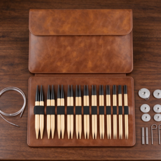 Interchangeable Bamboo Knitting Needle Set in a Vintage-Style Brown Faux Leather Case – Comprehensive Circular Knitting Tool Kit