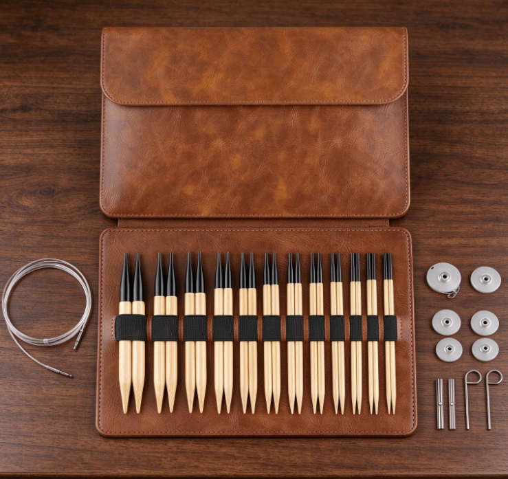 Interchangeable Bamboo Knitting Needle Set in a Vintage-Style Brown Faux Leather Case – Comprehensive Circular Knitting Tool Kit