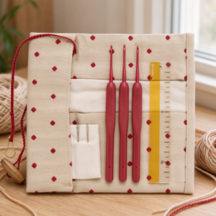 Red Polka-Dot Cotton Storage Pouch with Matte Red Crochet Hook Set – Minimalist Hand-Crafting Tools