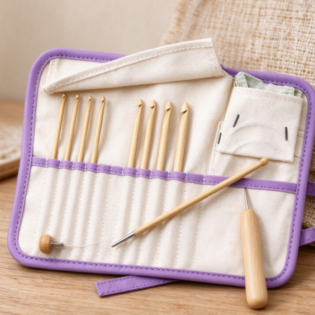 Canvas-Wrapped Bamboo Crochet Hook Set – Natural Bamboo Handles with Fabric Roll-Up Organizer