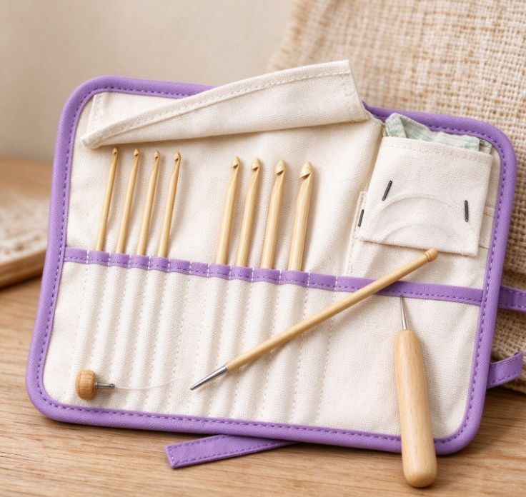 Canvas-Wrapped Bamboo Crochet Hook Set – Natural Bamboo Handles with Fabric Roll-Up Organizer