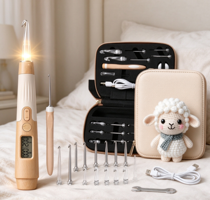 Rechargeable LED-Illuminated Crochet Hook Set with Interchangeable Heads and Timer – Wooden-Finish Handle - Image 2
