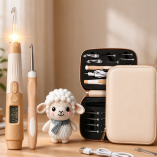 Rechargeable LED-Illuminated Crochet Hook Set with Interchangeable Heads and Timer – Wooden-Finish Handle