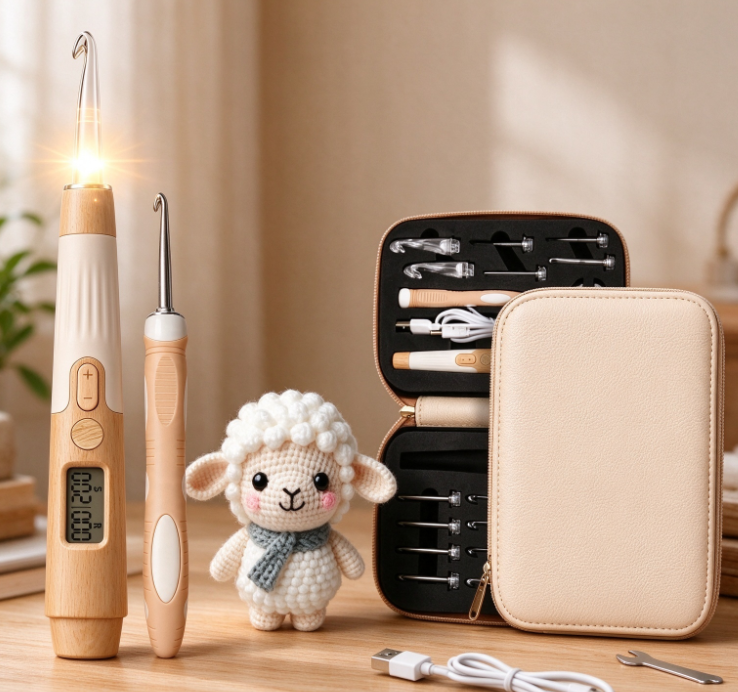 Rechargeable LED-Illuminated Crochet Hook Set with Interchangeable Heads and Timer – Wooden-Finish Handle