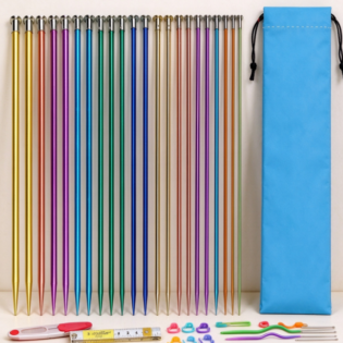 Colorful Metal Straight Knitting Needle Set – Complete Tool Kit with Blue Drawstring Pouch
