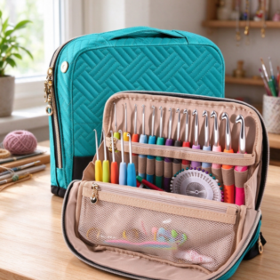 Teal Quilted Fabric Crochet Kit – Large-Capacity Organizer with a Full Set of Tools