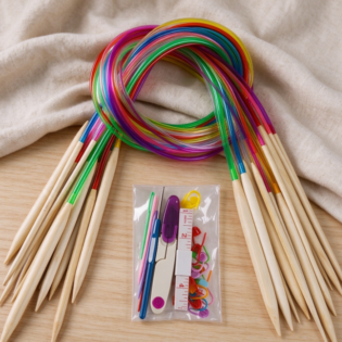 Rainbow Bamboo Circular Knitting Needle Set – Portable, Comprehensive Crafting Kit with Accessories