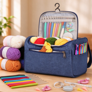 Deep Blue Multi-Compartment Yarn Storage & Crochet Hook Set – Portable, Hangable Organizer for Knitting Tools