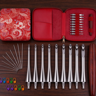 Premium Interchangeable Crochet Hook Set with Solid Wood Handle – Presented in a Red Floral Brocade Storage Case