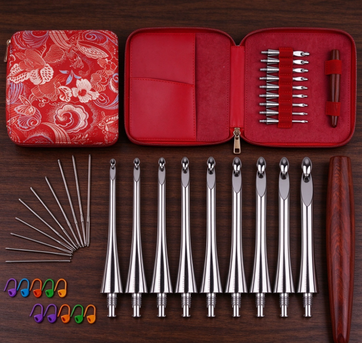 Premium Interchangeable Crochet Hook Set with Solid Wood Handle – Presented in a Red Floral Brocade Storage Case