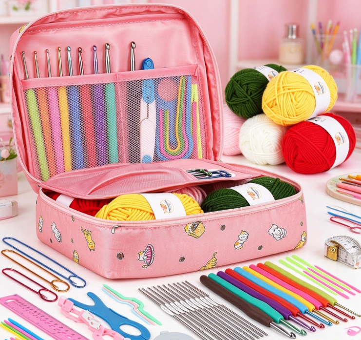 Large-Capacity Pink Cartoon-Print Yarn Storage Bag – Complete Crochet Tool Set with Yarn - Image 2