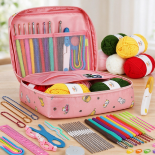 Large-Capacity Pink Cartoon-Print Yarn Storage Bag – Complete Crochet Tool Set with Yarn