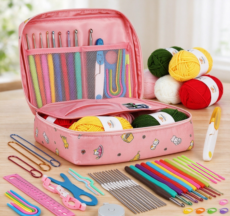 Large-Capacity Pink Cartoon-Print Yarn Storage Bag – Complete Crochet Tool Set with Yarn