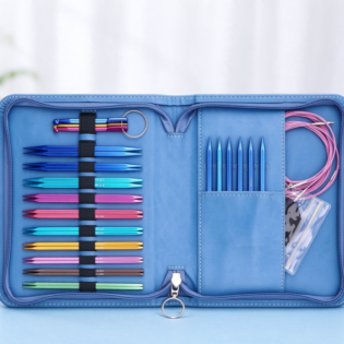 Interchangeable Knitting Needle Set with Colorful Tips in a Blue Zippered Case – Comprehensive Multi-Functional Knitting Tool Kit