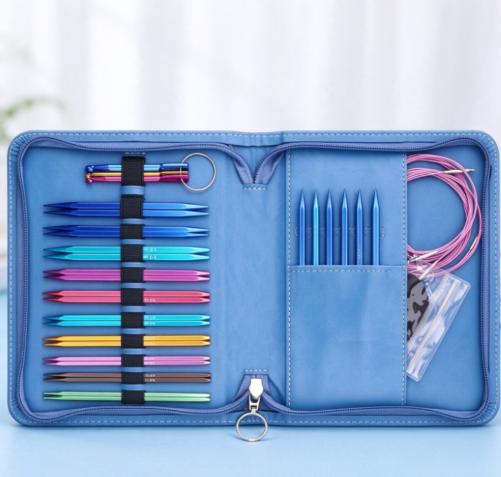 Interchangeable Knitting Needle Set with Colorful Tips in a Blue Zippered Case – Comprehensive Multi-Functional Knitting Tool Kit