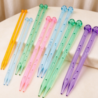 Colorful, Crystal-Look Plastic Knitting Needle Set – Straight Needles with Rounded Ball-End Caps
