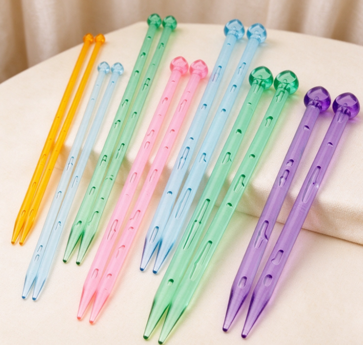 Colorful, Crystal-Look Plastic Knitting Needle Set – Straight Needles with Rounded Ball-End Caps