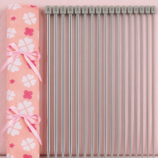 Silver Metal Straight Knitting Needle Set – Complete Collection in a Pink Floral Fabric Roll-Up Case