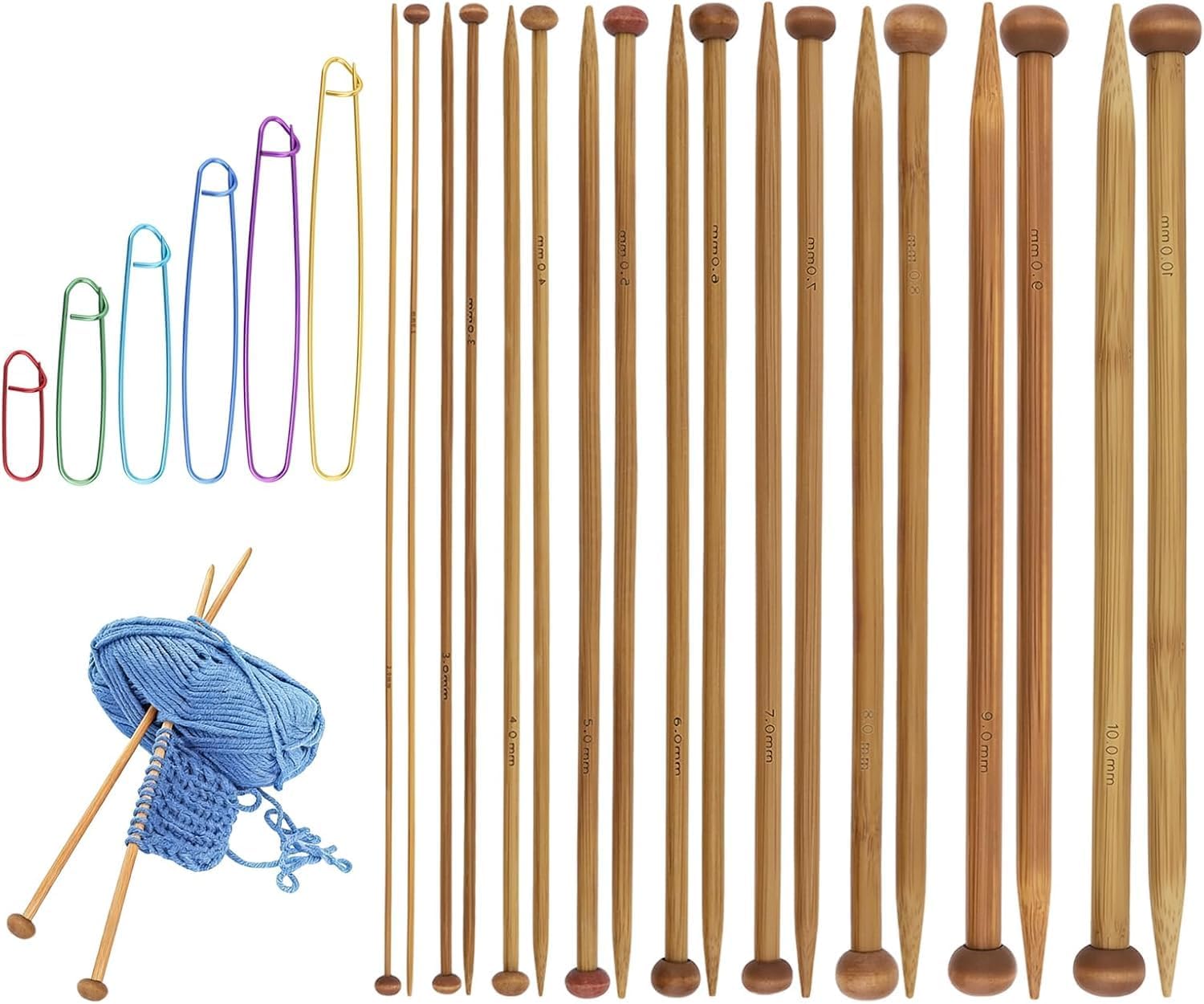 Natural Bamboo Straight Knitting Needle Set – Essential Hand-Knitting Tools with Accessories