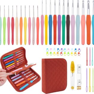 Quilted Fabric Storage Case – Colorful Soft-Grip Crochet Hook Set with Complete Knitting Accessories