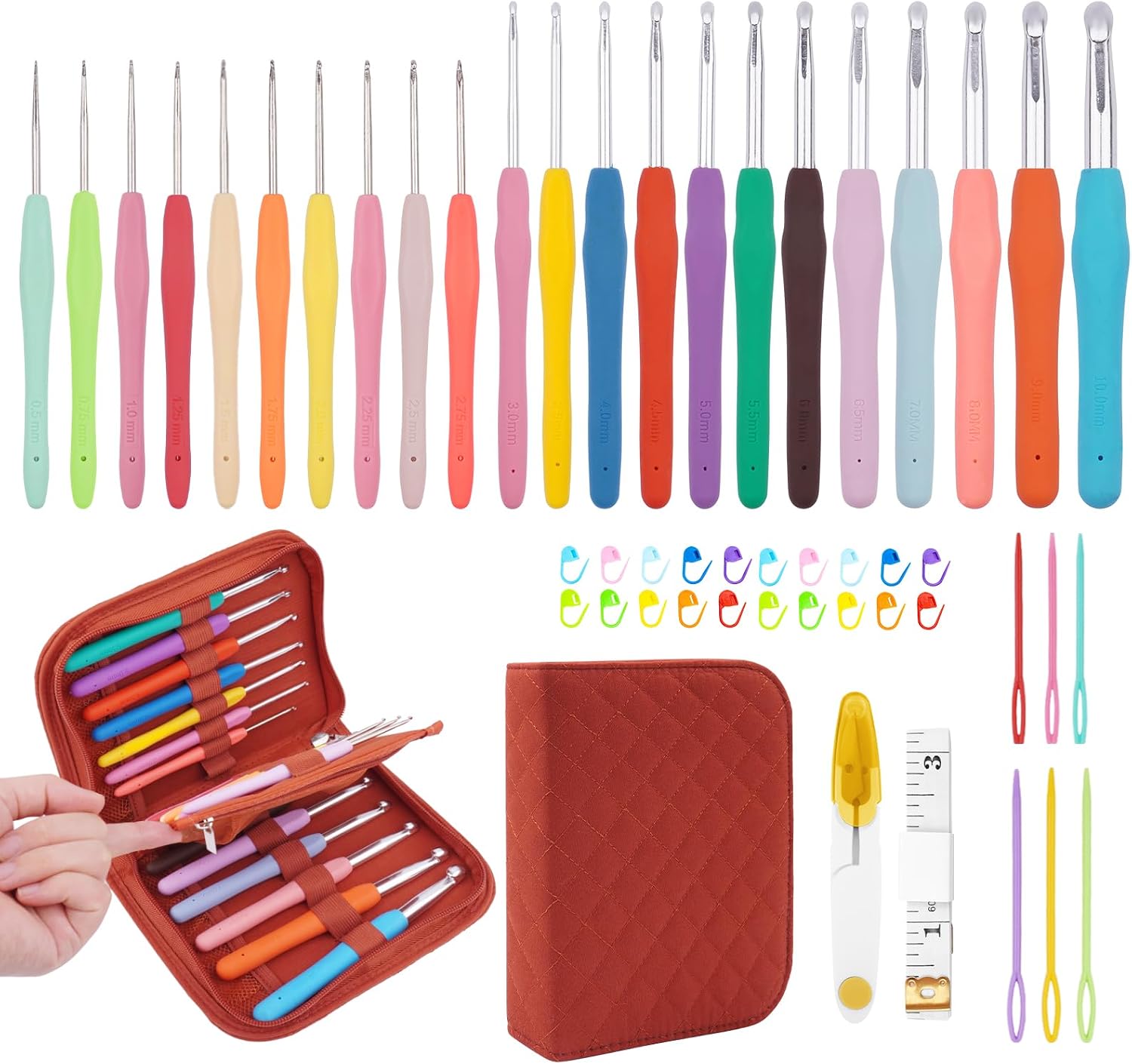 Quilted Fabric Storage Case – Colorful Soft-Grip Crochet Hook Set with Complete Knitting Accessories