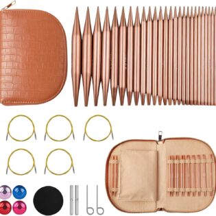 Rose Gold Interchangeable Circular Knitting Needle Set with Crocodile-Patterned Storage Case
