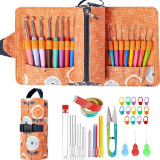 Orange Printed Fabric Crochet Hook Set with Ergonomic Soft-Grip Handles – Beginner-Friendly Knitting & Crochet Kit