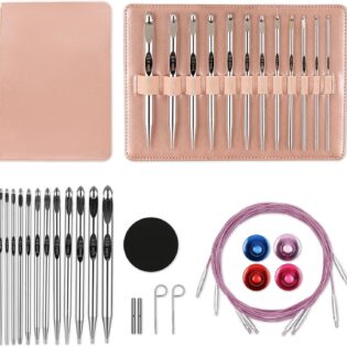 Interchangeable Crochet Hook Set with Pink Faux-Leather Case – Comprehensive Metal Hook Collection