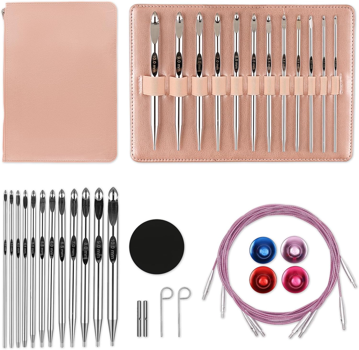 Interchangeable Crochet Hook Set with Pink Faux-Leather Case – Comprehensive Metal Hook Collection